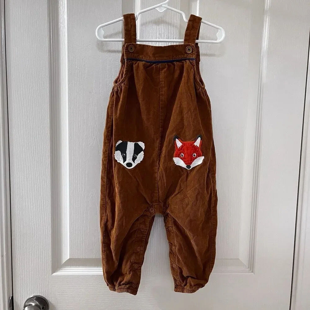Baby Boden Badger Fox Applique Brown Corduroy Dungaree Overalls SZ 18-24 Months